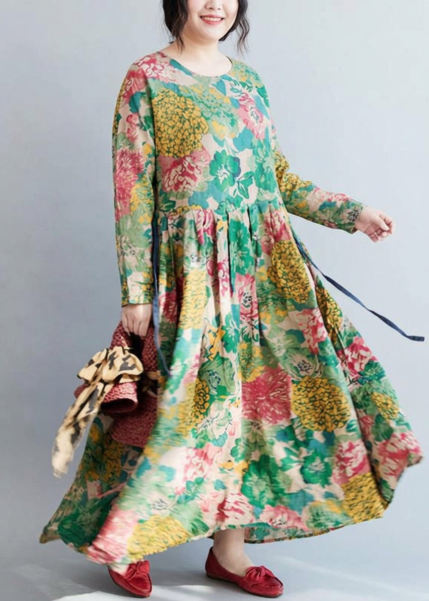 Joyce | Linen Floral Round Neck Maxi Dress