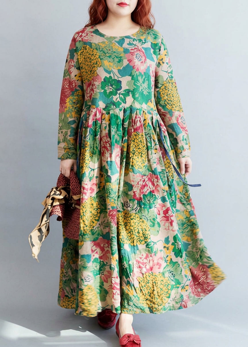 Joyce | Linen Floral Round Neck Maxi Dress
