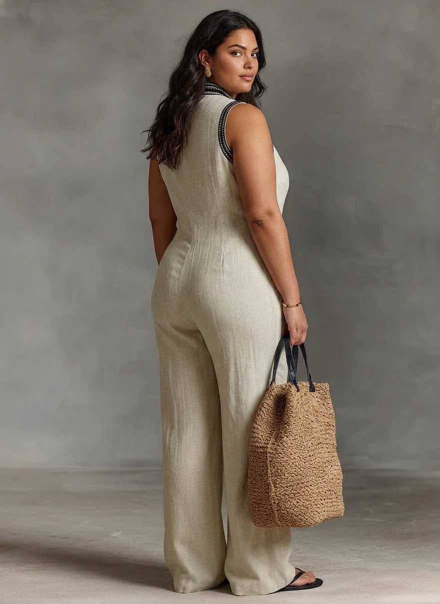 Ariana | Linen Geometric V-Neck Jumpsuit