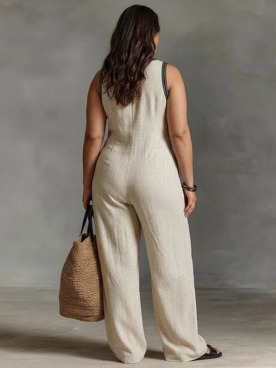 Ariana | Linen Geometric V-Neck Jumpsuit