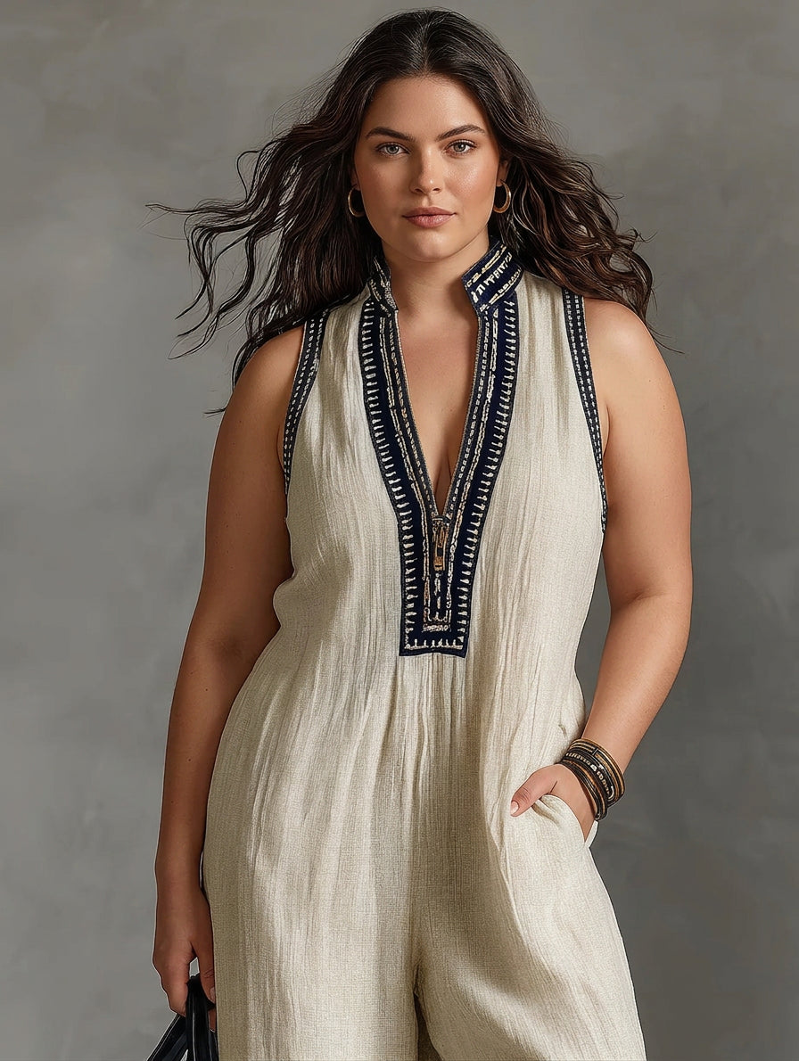 Ariana | Linen Geometric V-Neck Jumpsuit