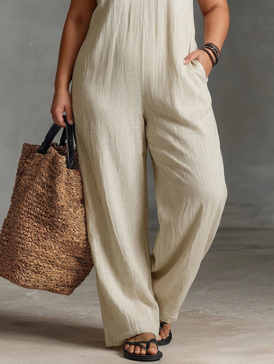 Ariana | Linen Geometric V-Neck Jumpsuit