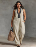 Ariana | Linen Geometric V-Neck Jumpsuit