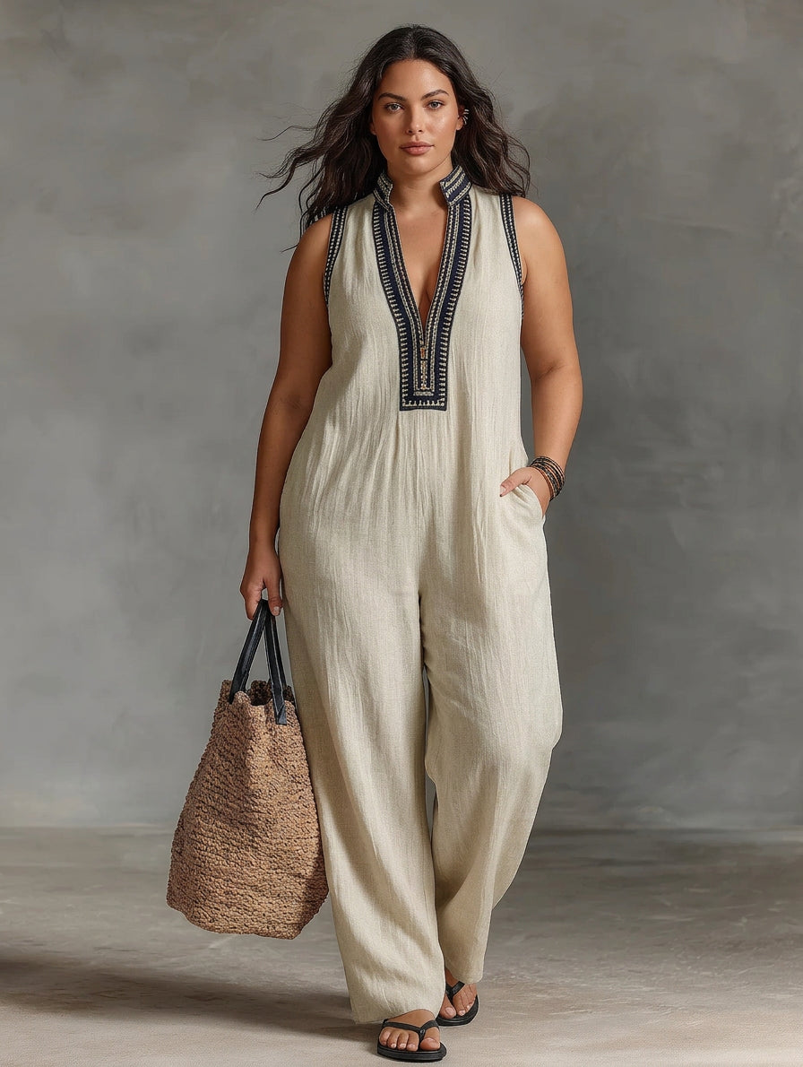 Ariana | Linen Geometric V-Neck Jumpsuit