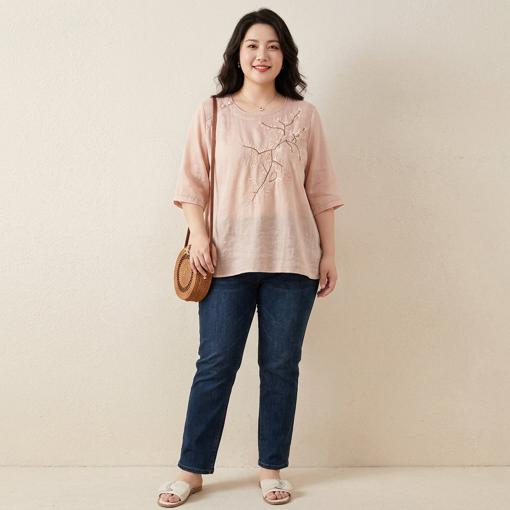 Emily | Linen Floral Round Neck Top