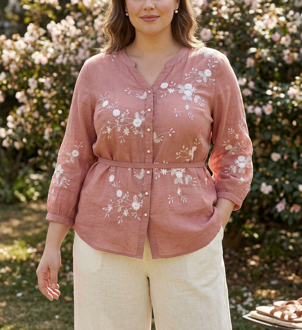Phyllis | Denim Floral Mock Neck Shirt