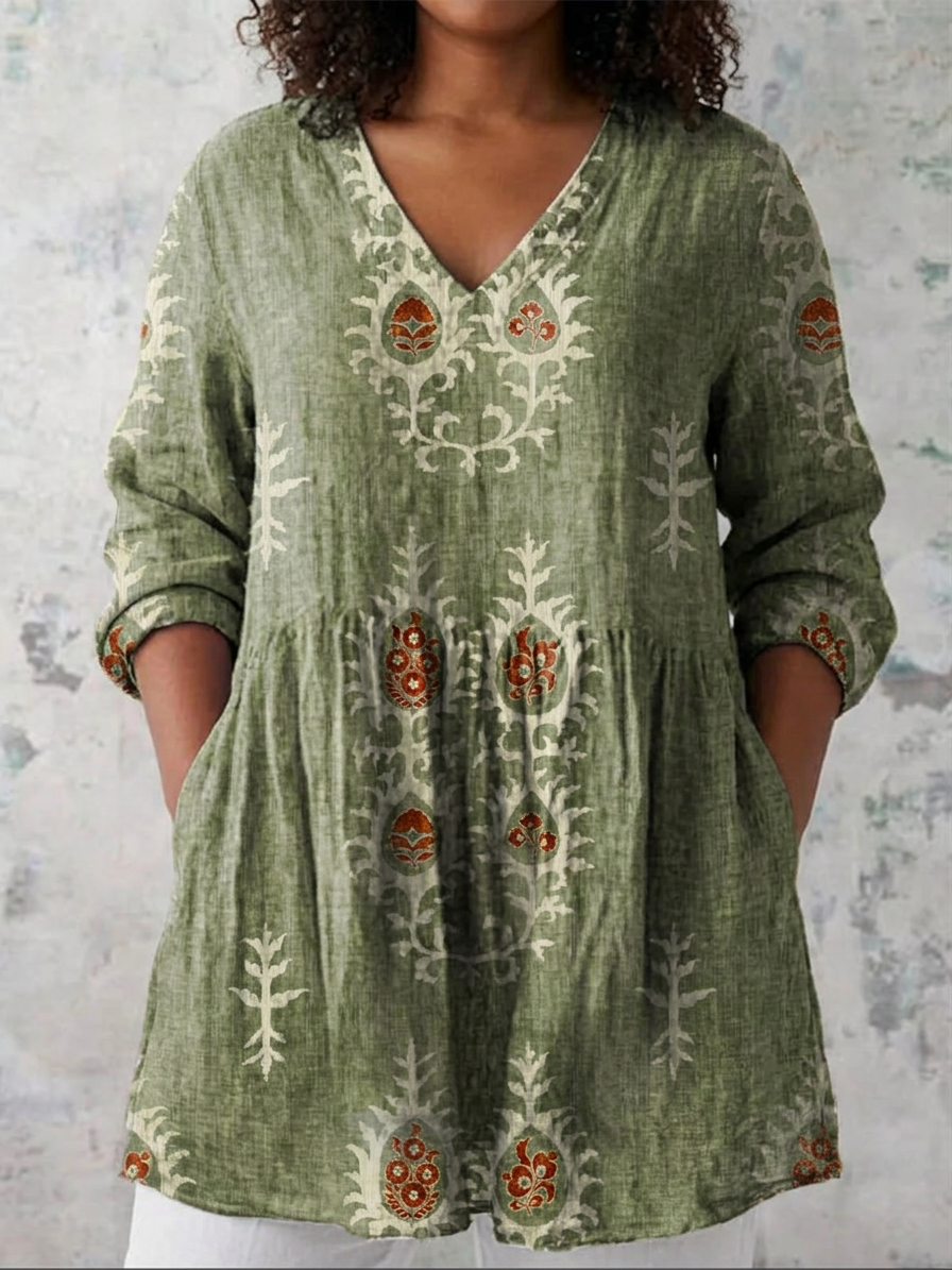 Andrea | Linen Damask V-Neck Blouse