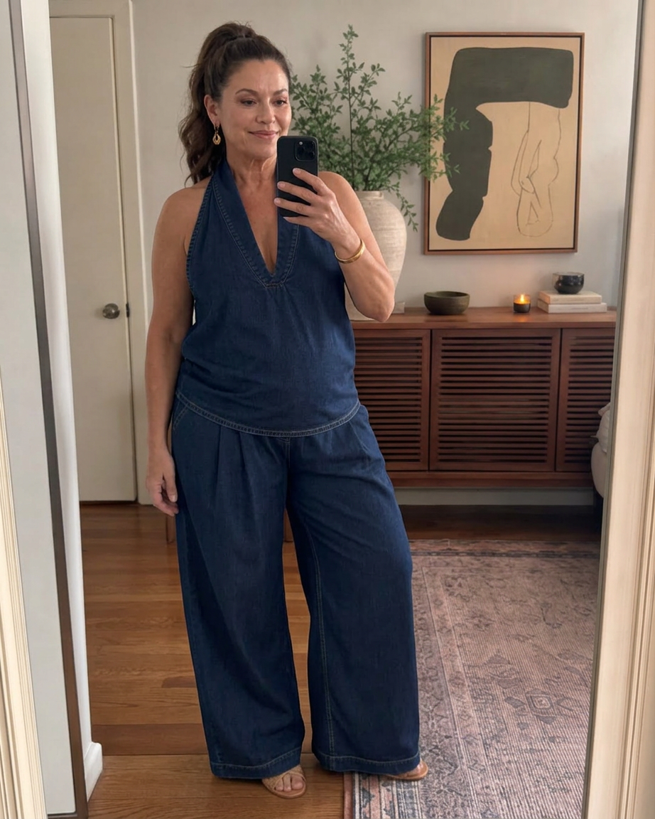 Gloria | Denim V-Neck Two-Piece Set