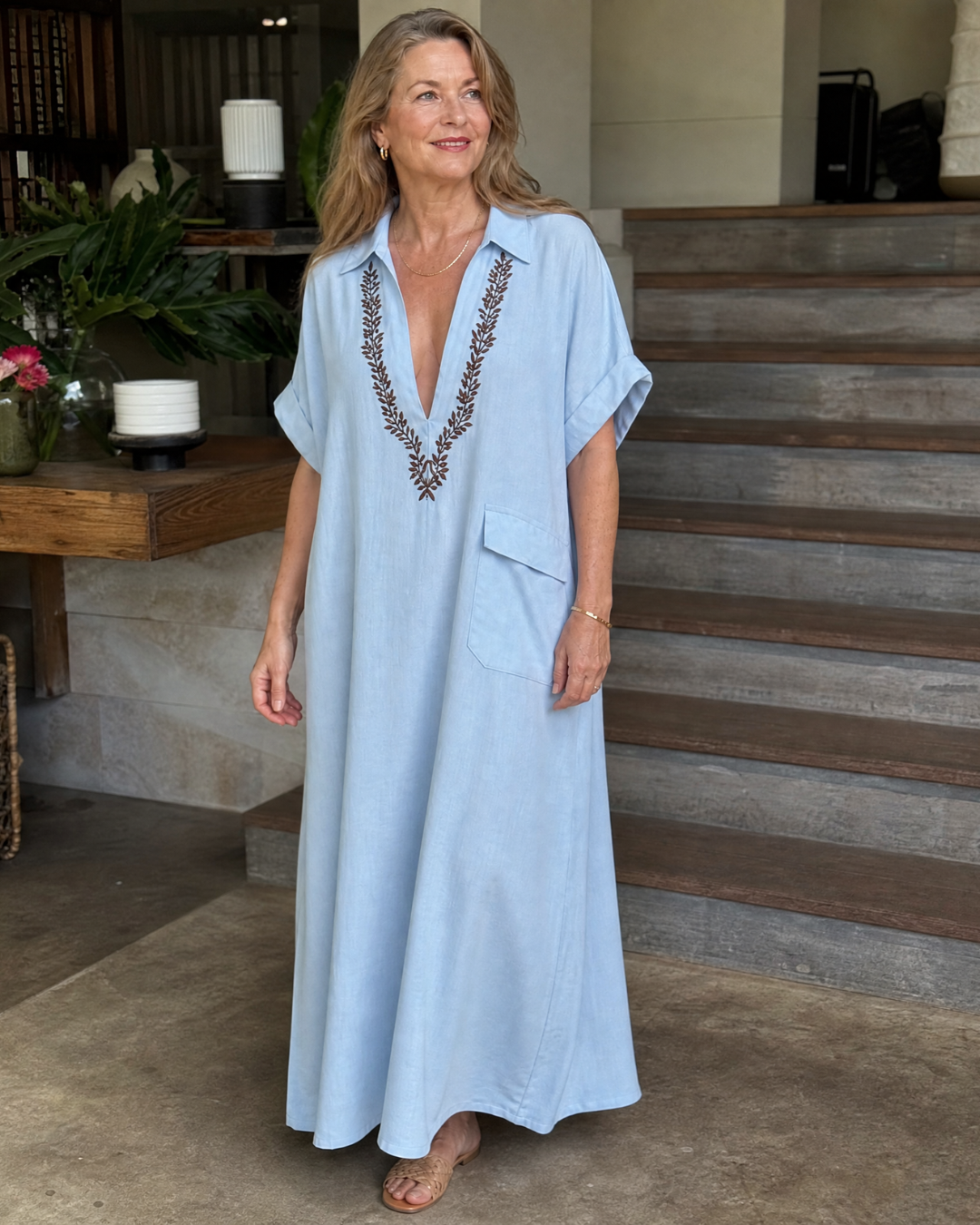 Katherine | Linen Embroidered V-Neck Maxi Dress