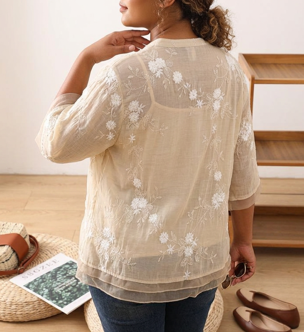 Phyllis | Denim Floral Mock Neck Shirt
