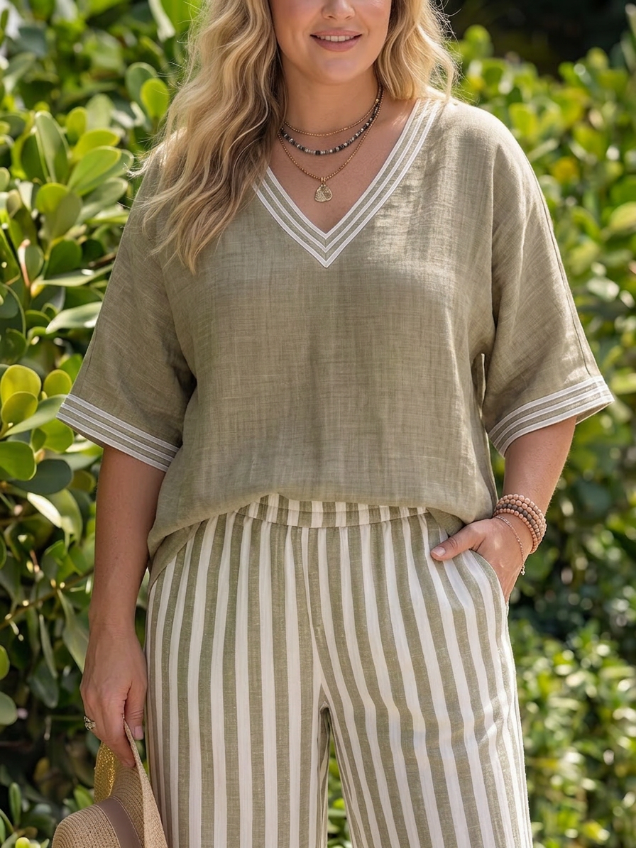 Mariana | Linen Striped V-Neck Two-Piece Set