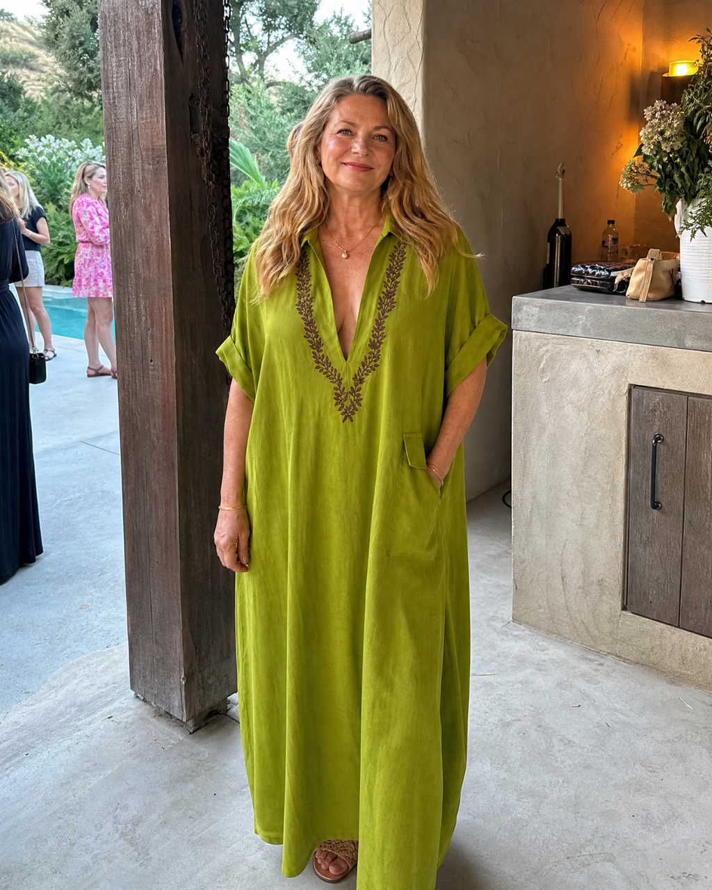 Katherine | Linen Embroidered V-Neck Maxi Dress