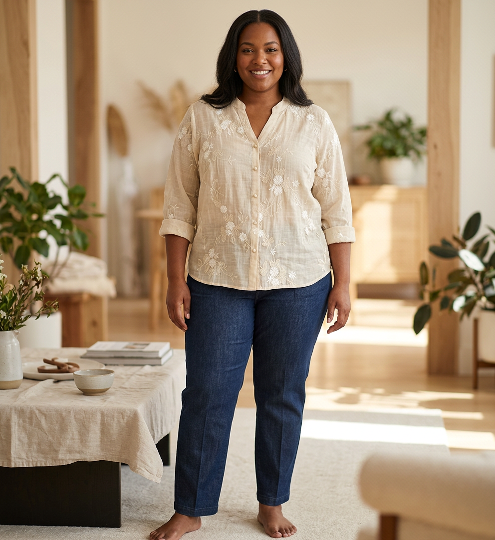 Phyllis | Denim Floral Mock Neck Shirt