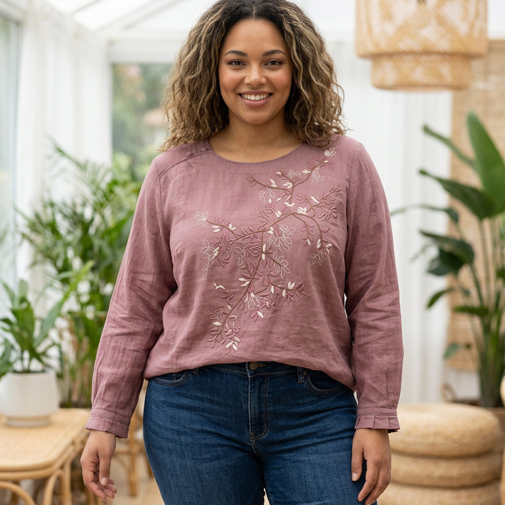 Emily | Linen Floral Round Neck Top
