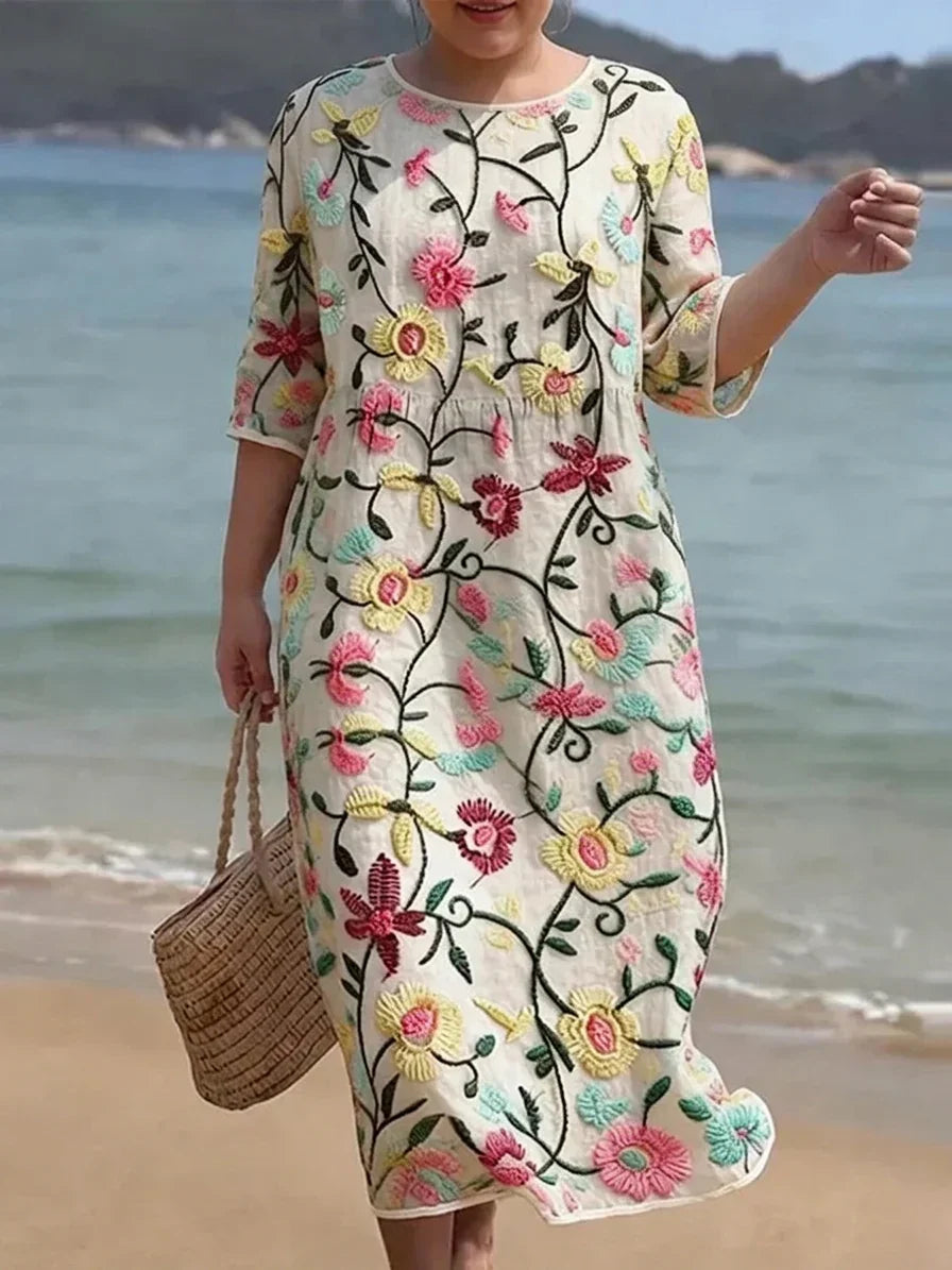 Wanda | Linen Floral Round Neck Midi Dress