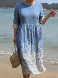 Frances | Denim Floral Round Neck Midi Dress