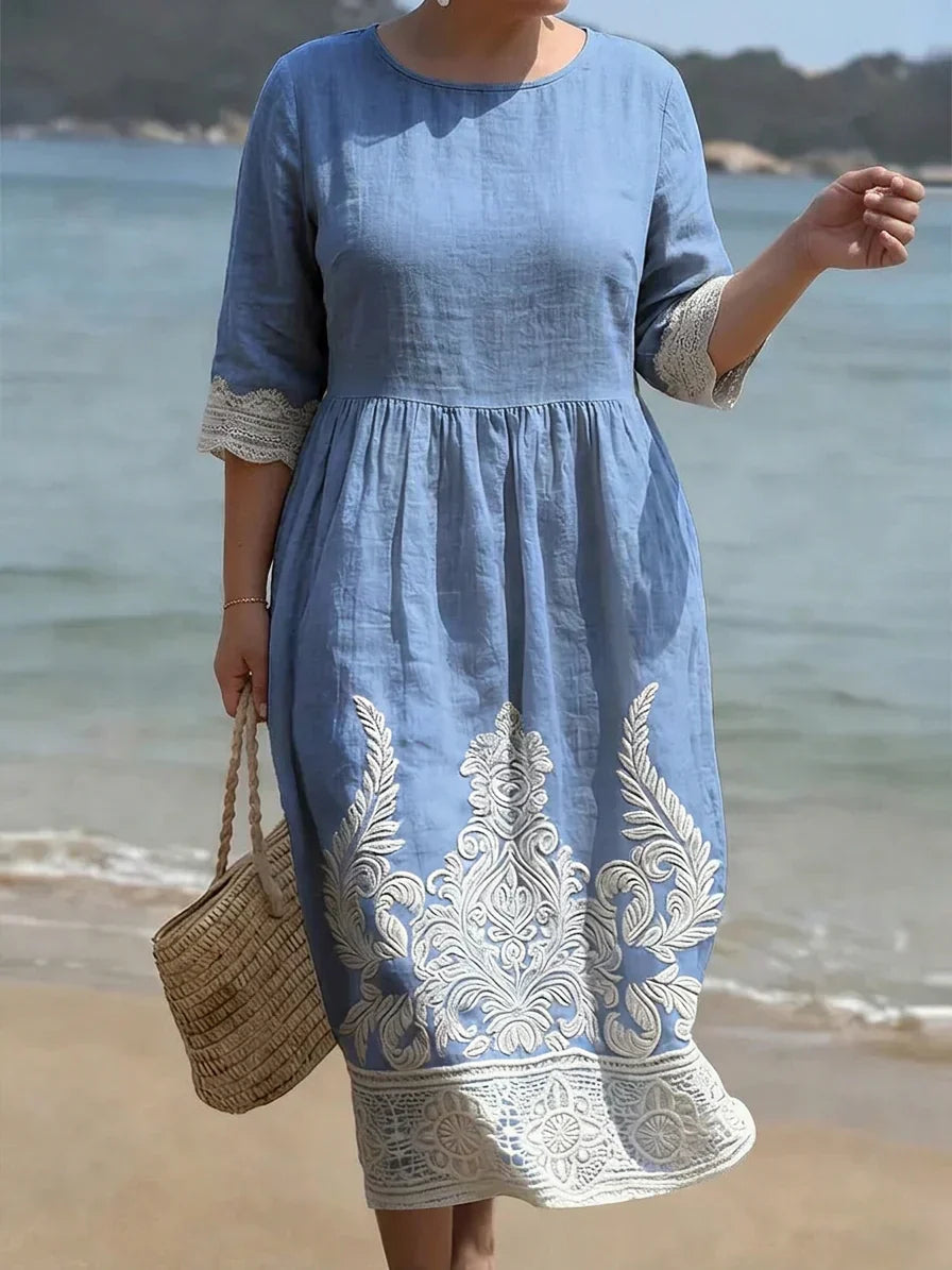 Frances | Denim Floral Round Neck Midi Dress
