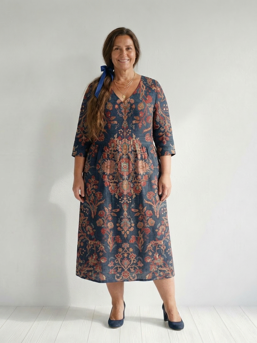 Phyllis | Damask V-Neck Midi Dress