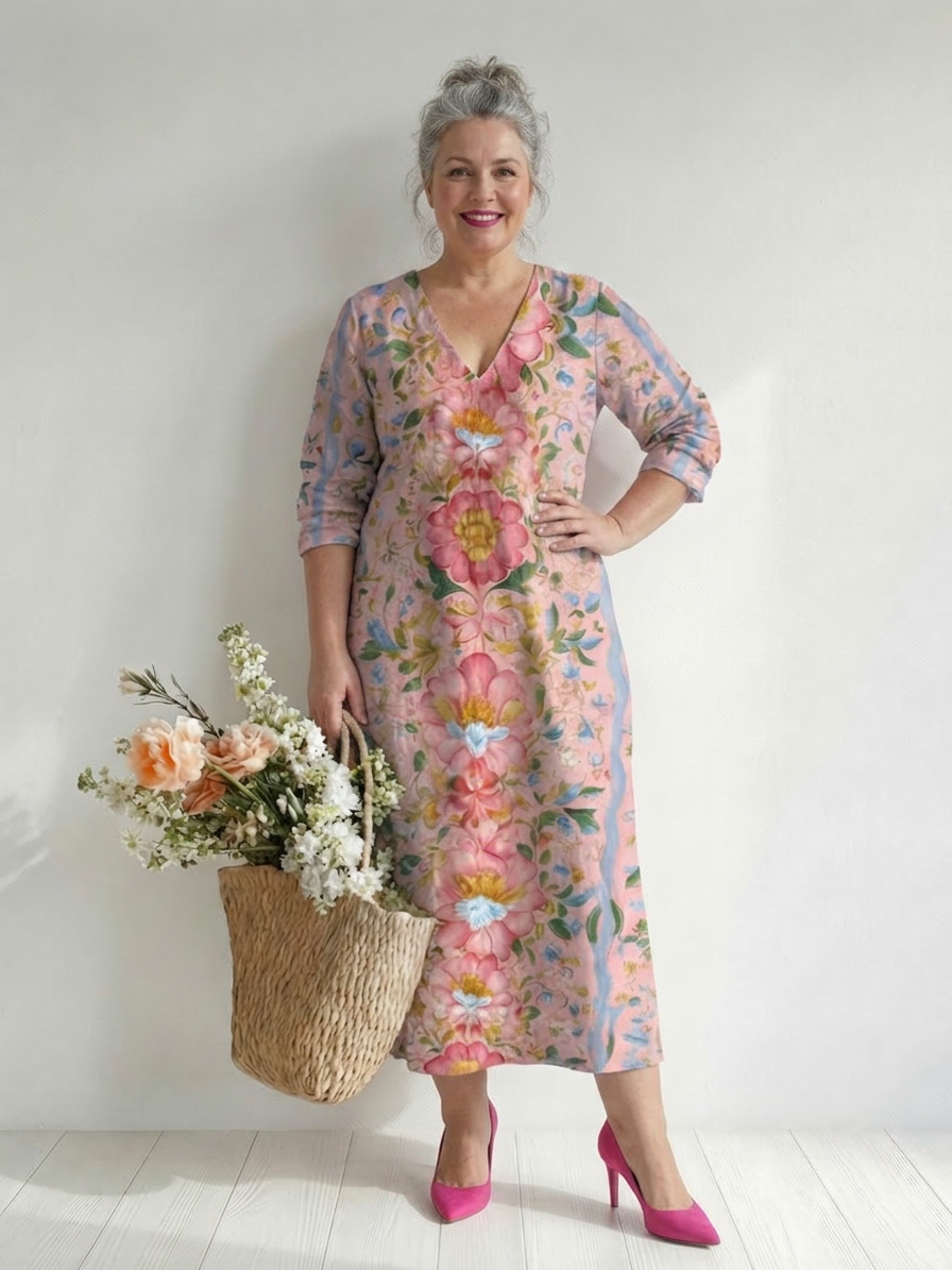 Roxanne | Linen Floral V-Neck Maxi Dress