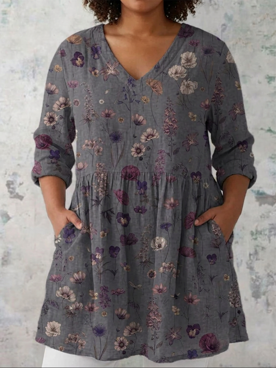 Angelica | Linen Floral V-Neck Blouse