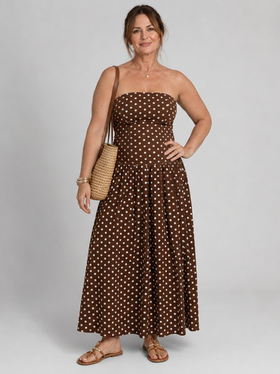 Vivian | Polka Dot Strapless Midi Dress