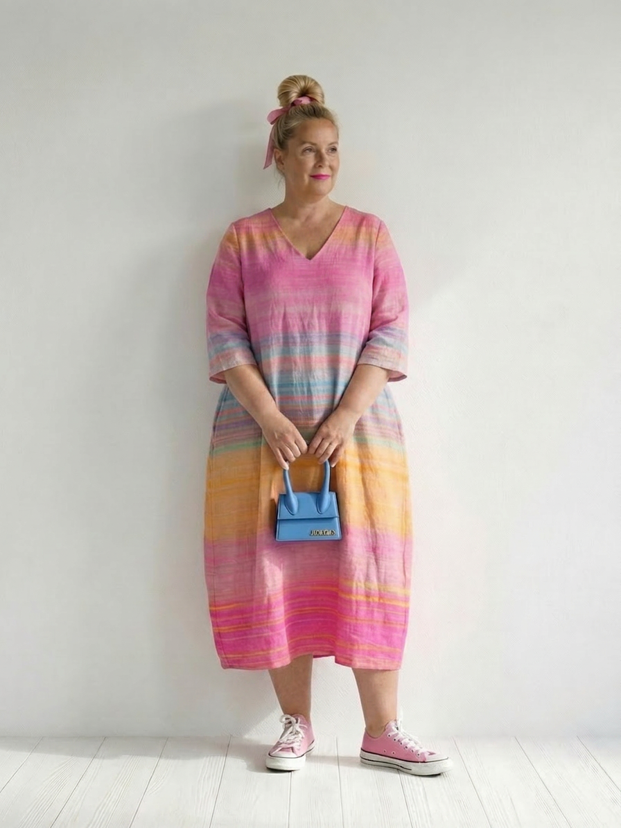 Sara | Linen Striped V-Neck Midi Dress