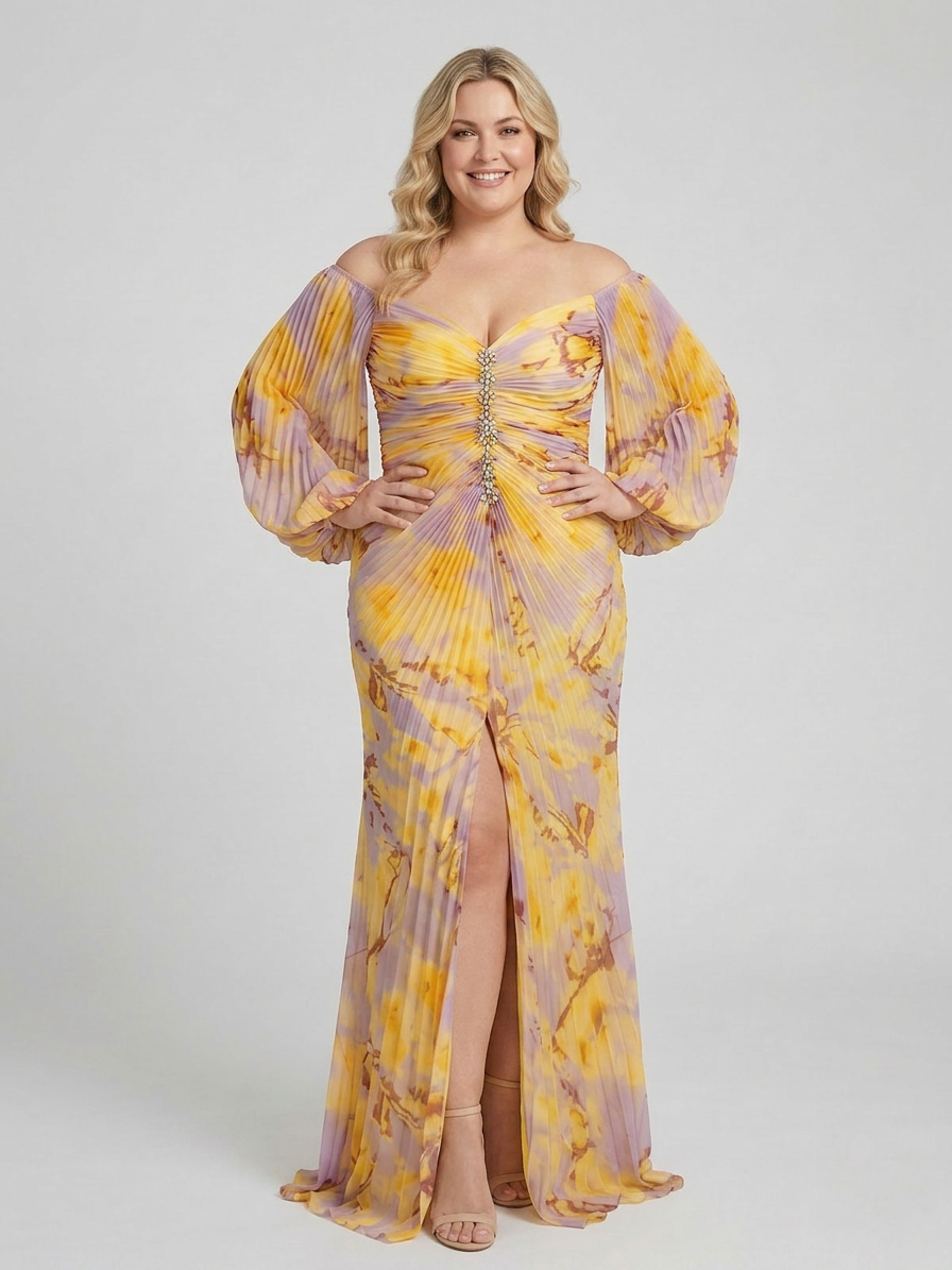 Nadia | Chiffon Abstract Off-Shoulder Maxi Dress