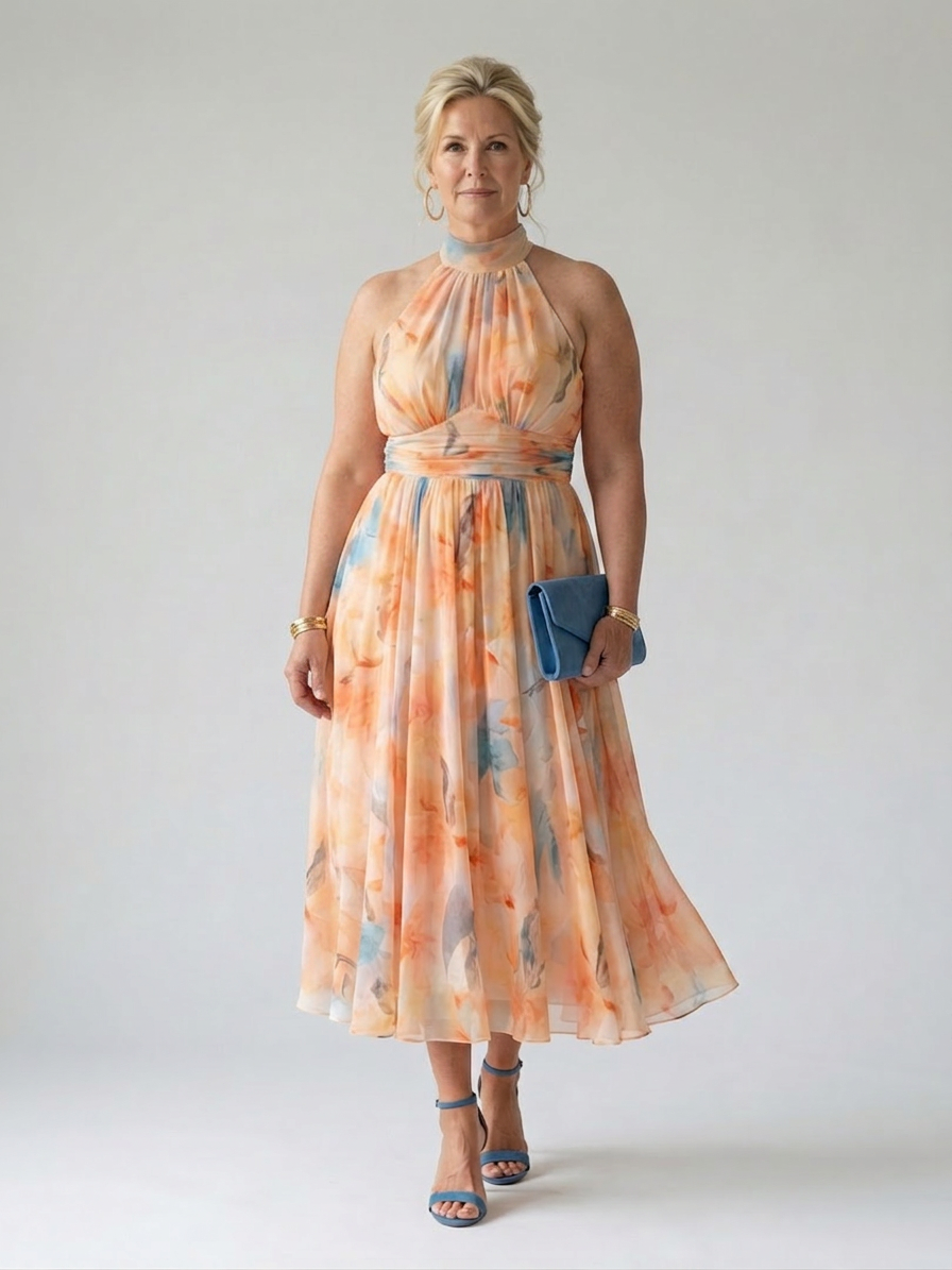 Miranda | Chiffon Floral Halter Midi Dress