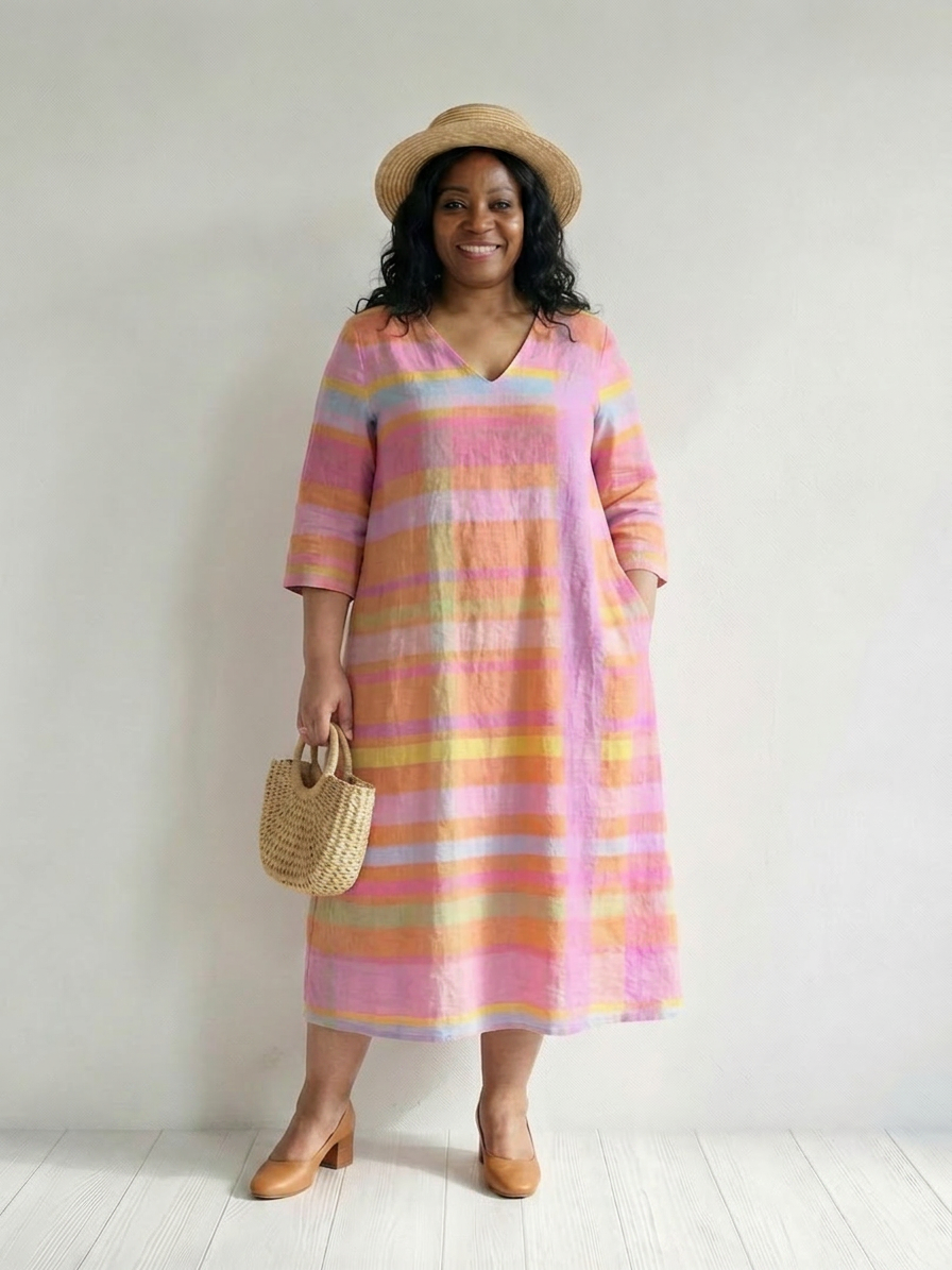 Vivian | Linen Striped V-Neck Midi Dress