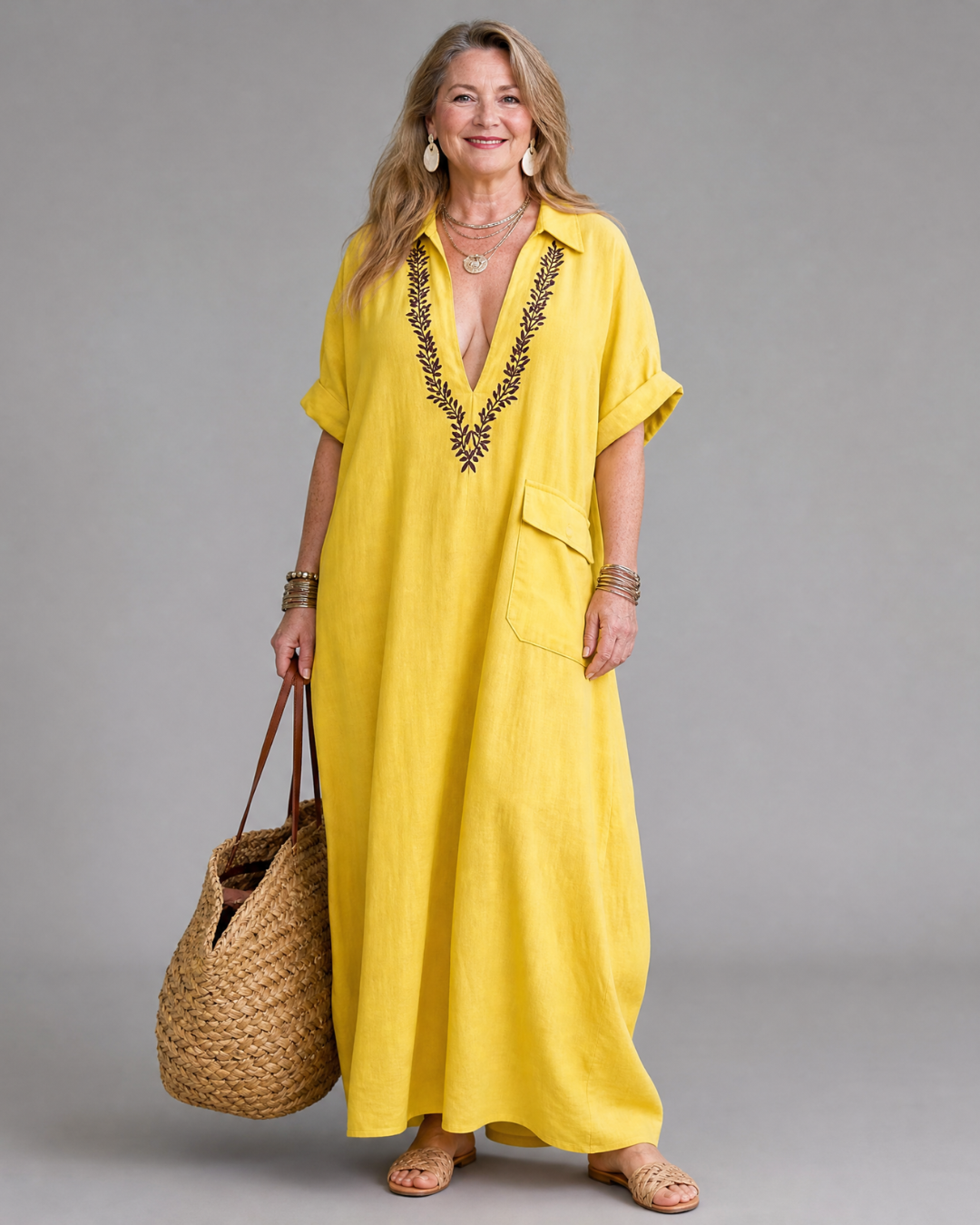 Katherine | Linen Embroidered V-Neck Maxi Dress