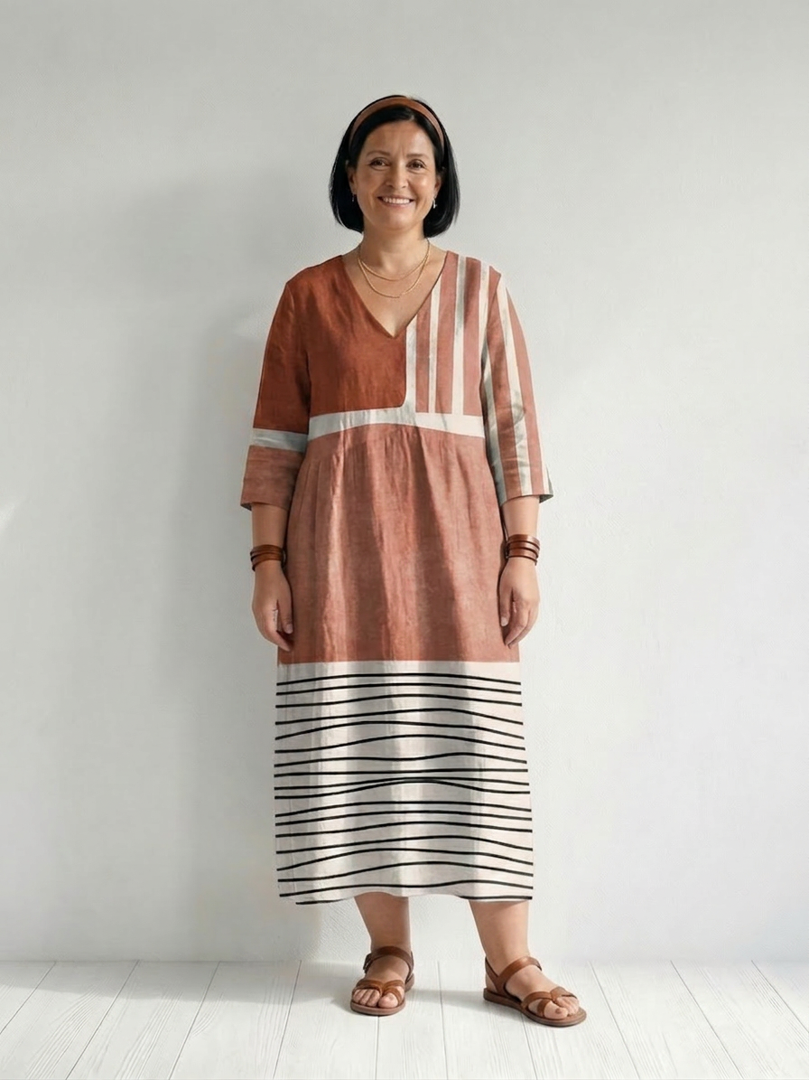 Tamara | Linen Striped V-Neck Midi Dress