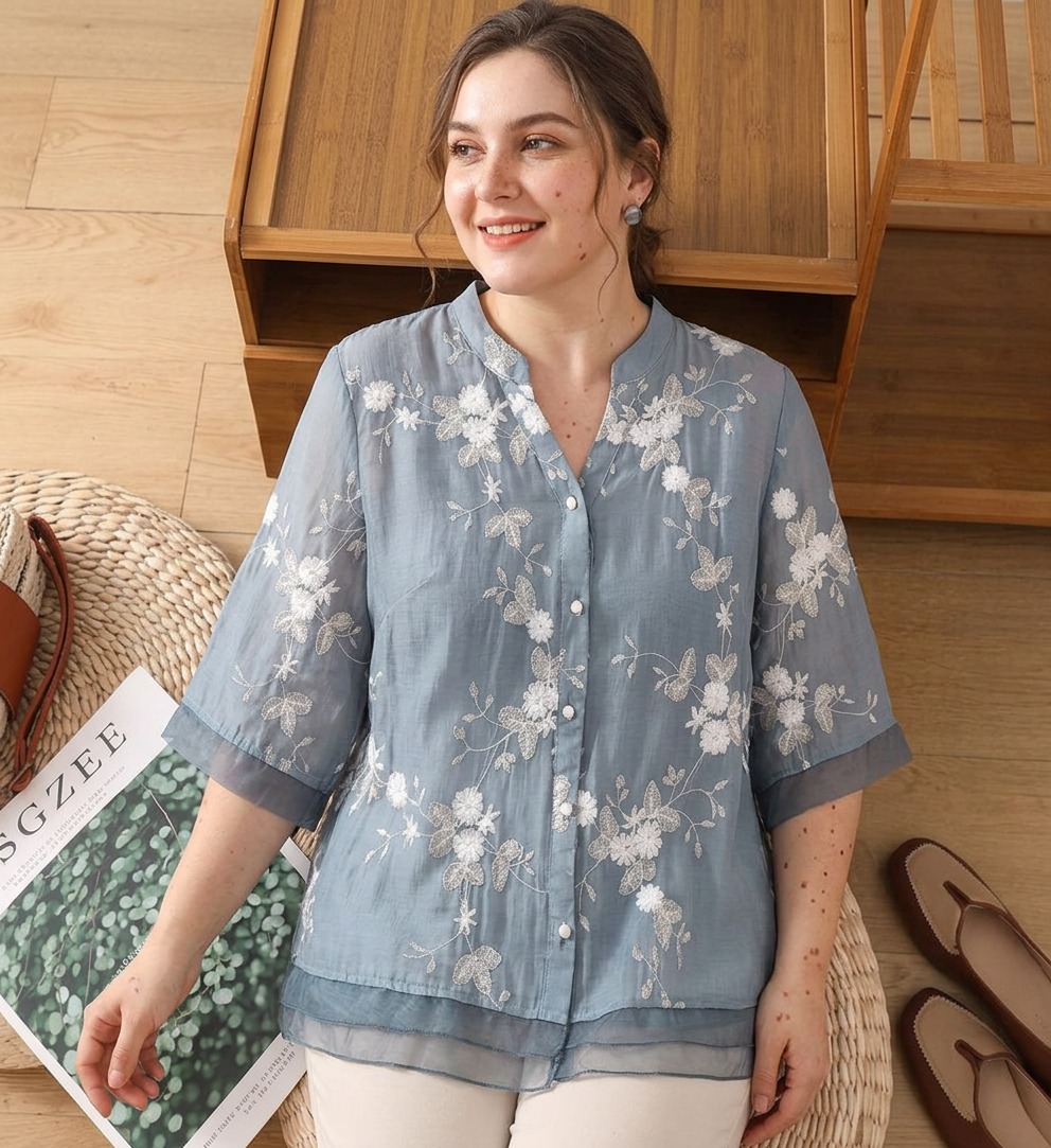 Phyllis | Denim Floral Mock Neck Shirt