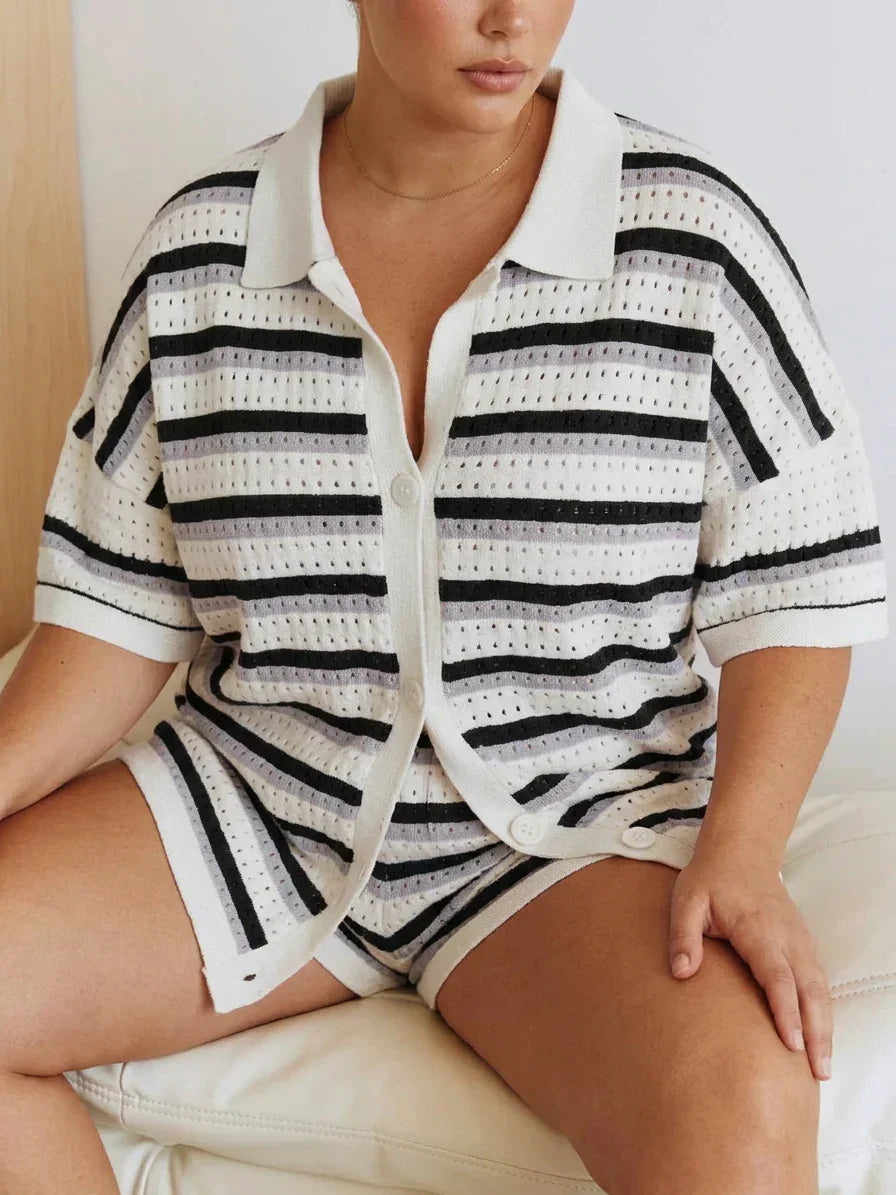 Reagan | Crochet Striped Collared Two-Piece Shorts Set