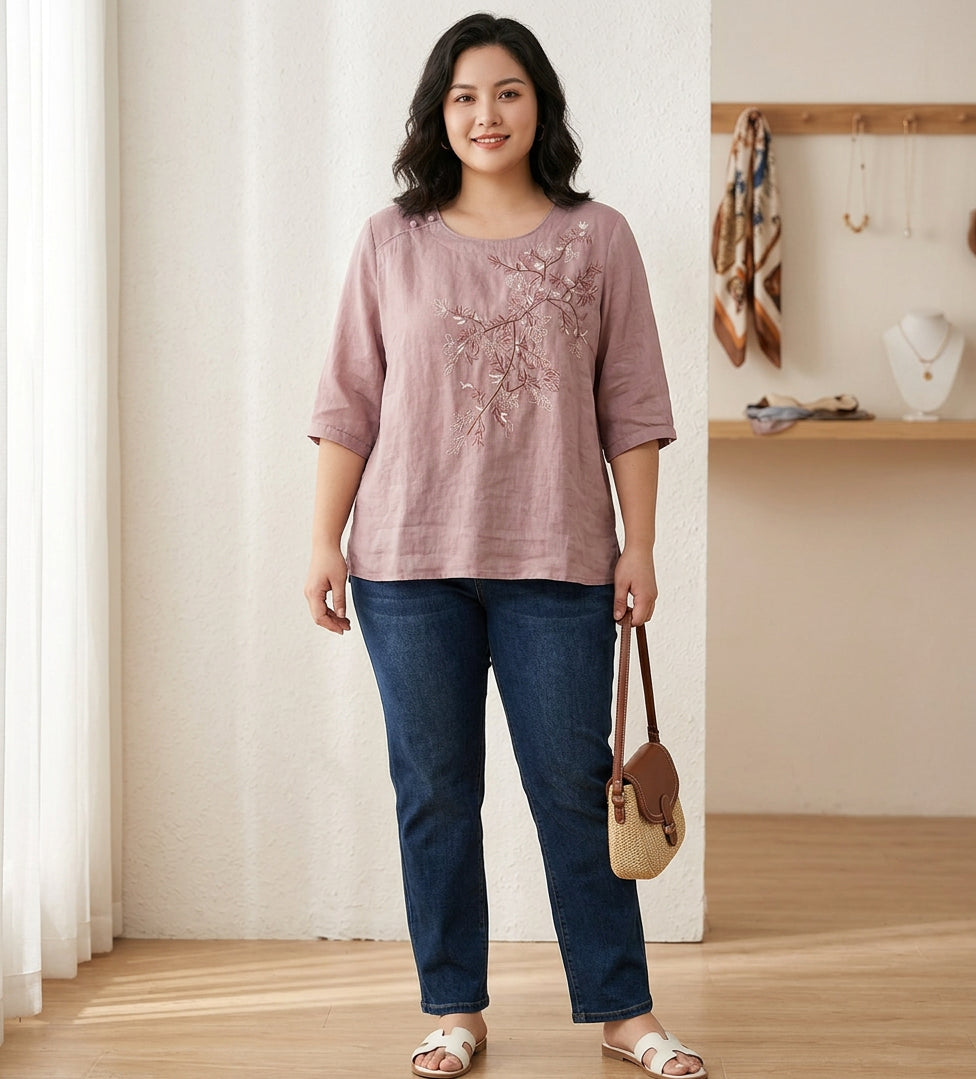 Emily | Linen Floral Round Neck Top
