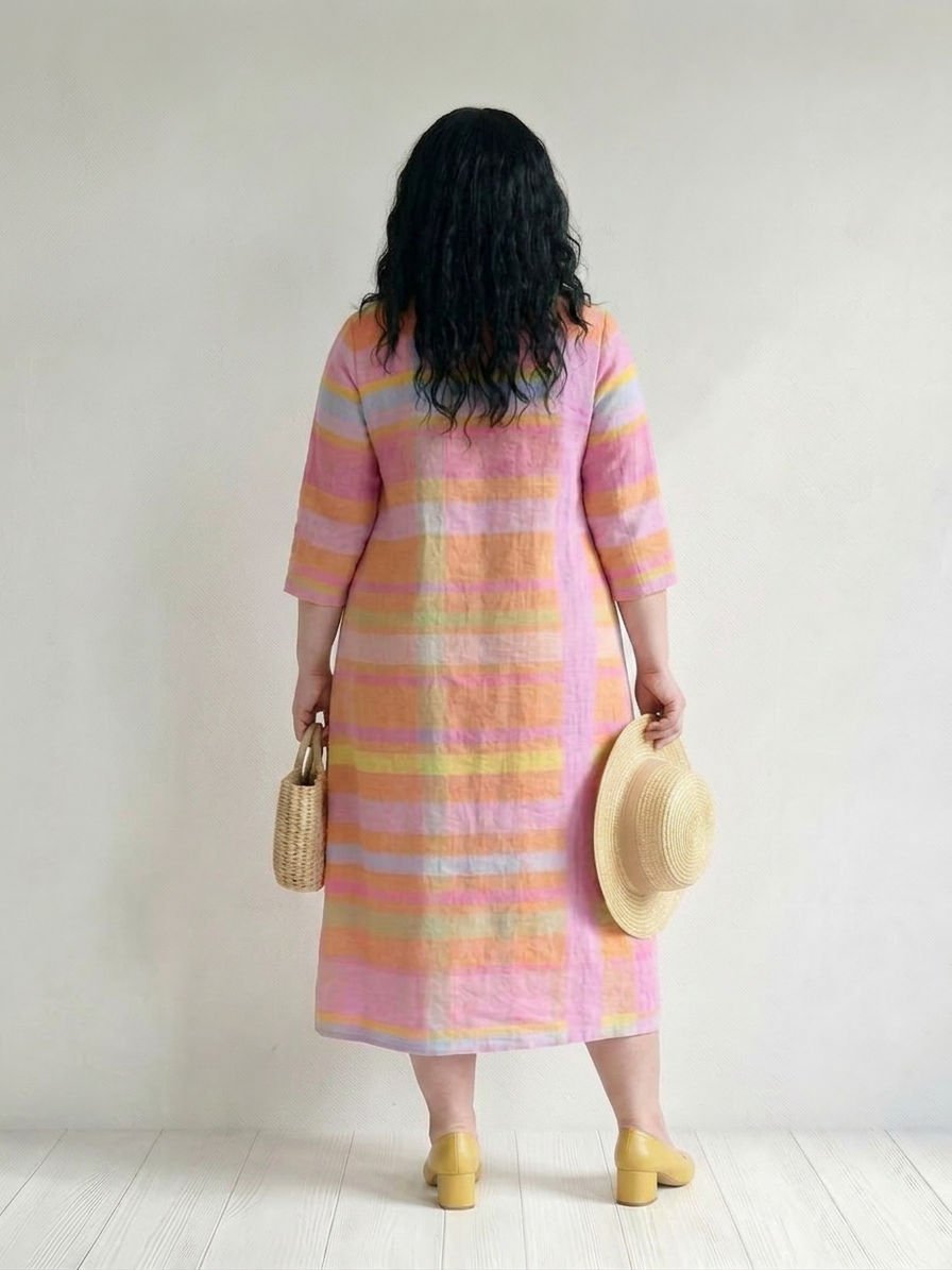 Vivian | Linen Striped V-Neck Midi Dress