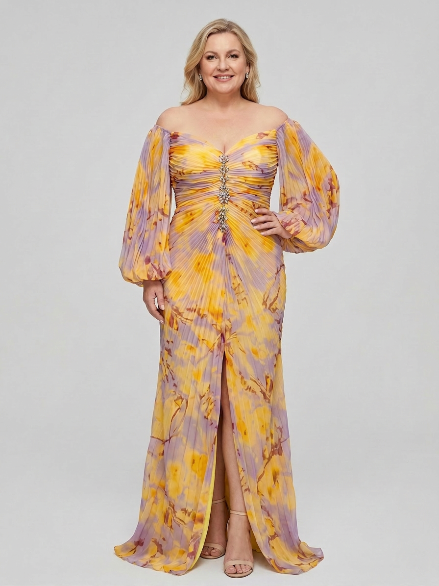 Nadia | Chiffon Abstract Off-Shoulder Maxi Dress