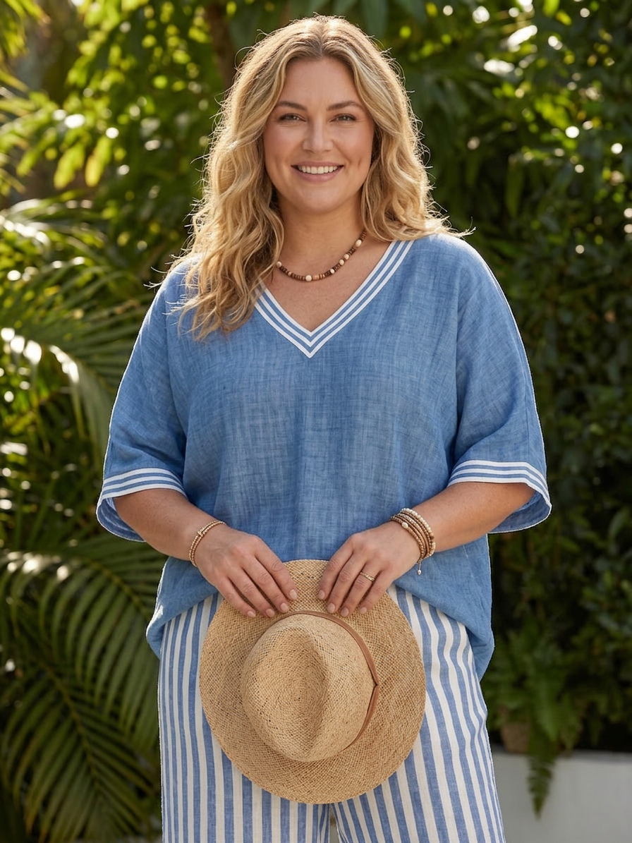 Mariana | Linen Striped V-Neck Two-Piece Set