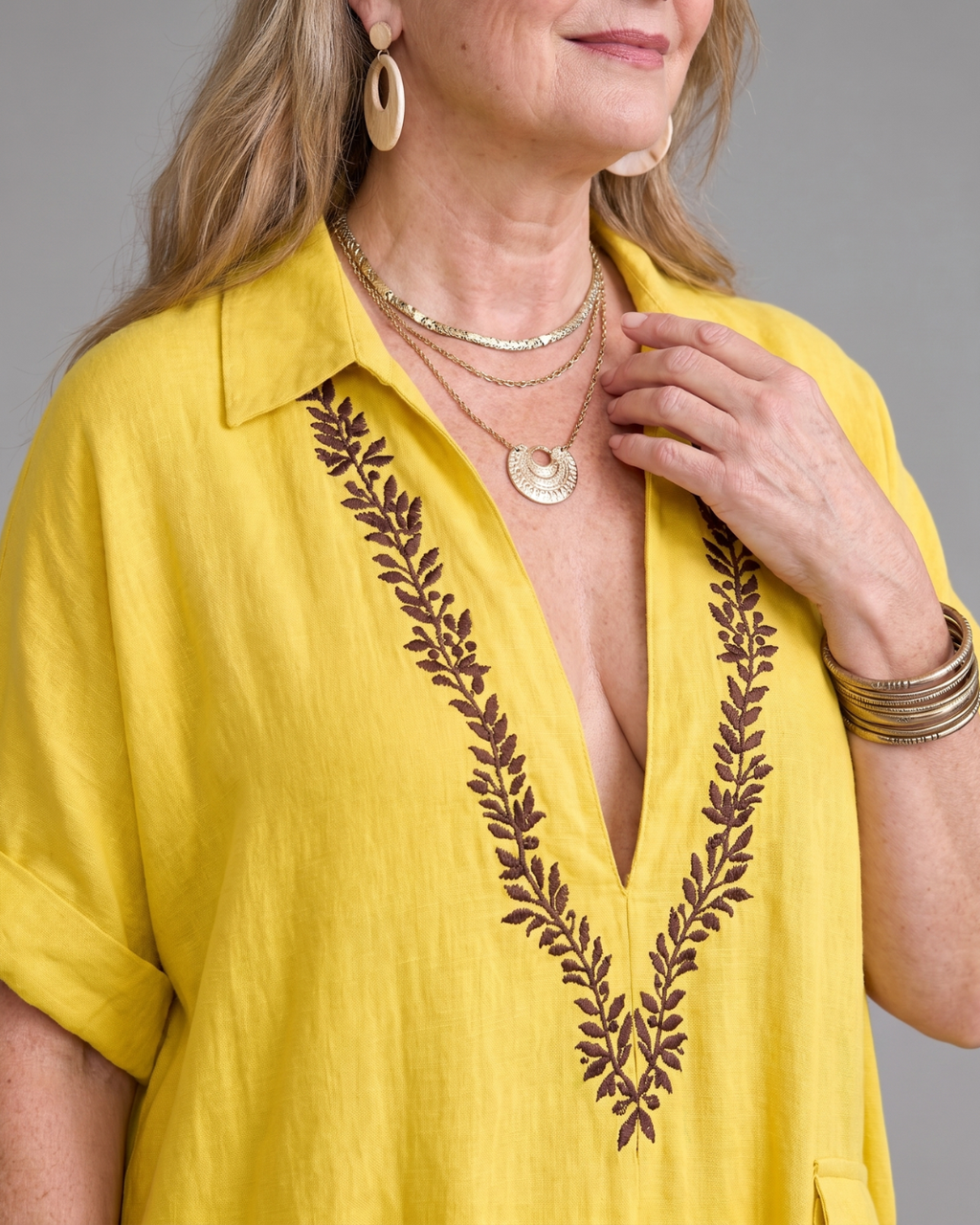 Katherine | Linen Embroidered V-Neck Maxi Dress