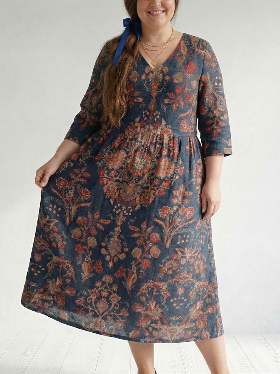 Phyllis | Damask V-Neck Midi Dress