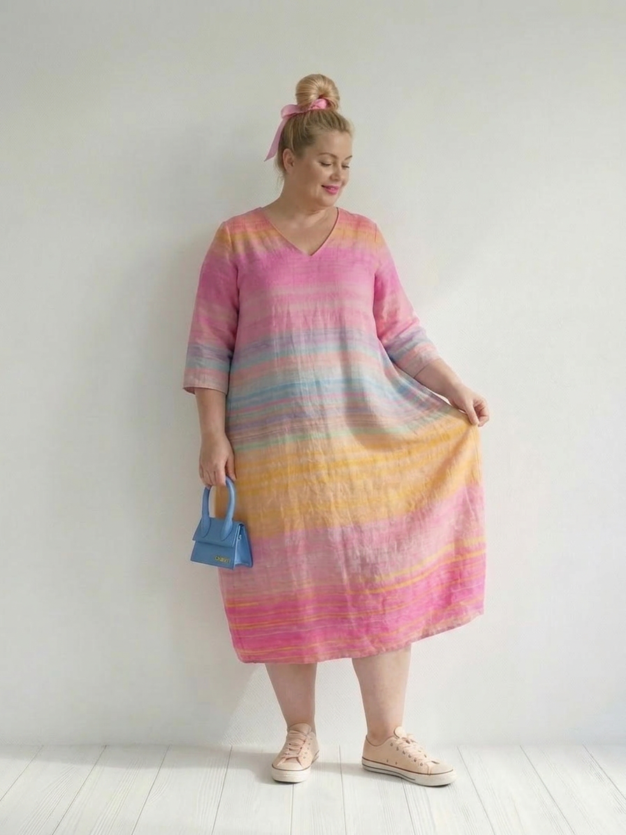 Sara | Linen Striped V-Neck Midi Dress