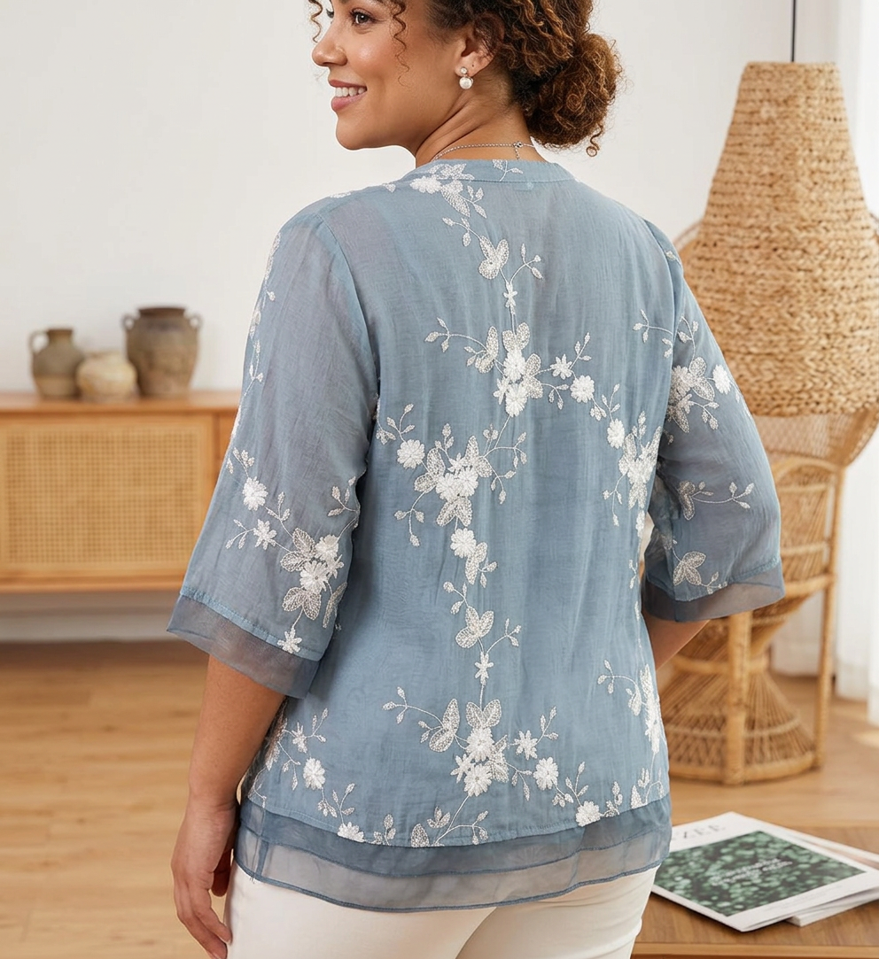 Phyllis | Denim Floral Mock Neck Shirt
