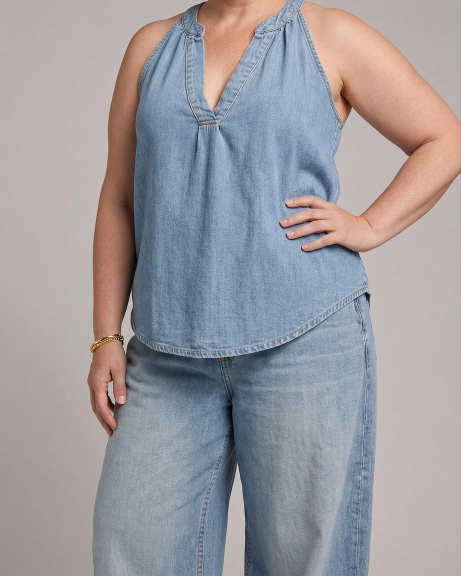 Gloria | Denim V-Neck Two-Piece Set