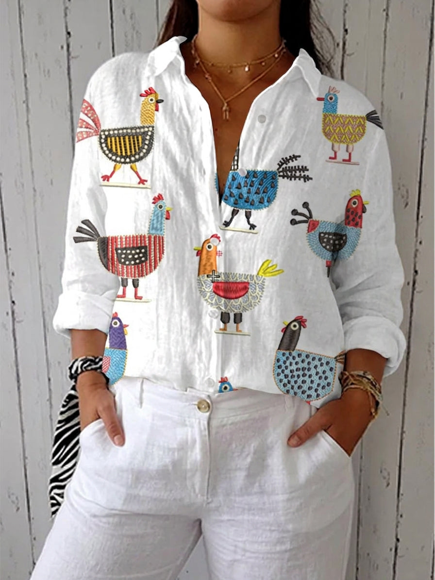 Wynne | Linen Chicken Print Collared Blouse
