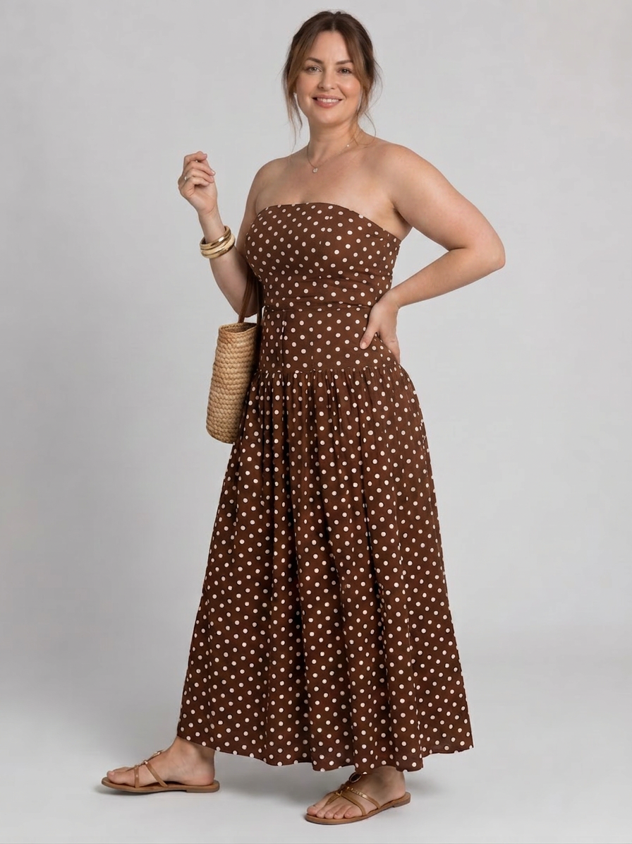 Vivian | Polka Dot Strapless Midi Dress