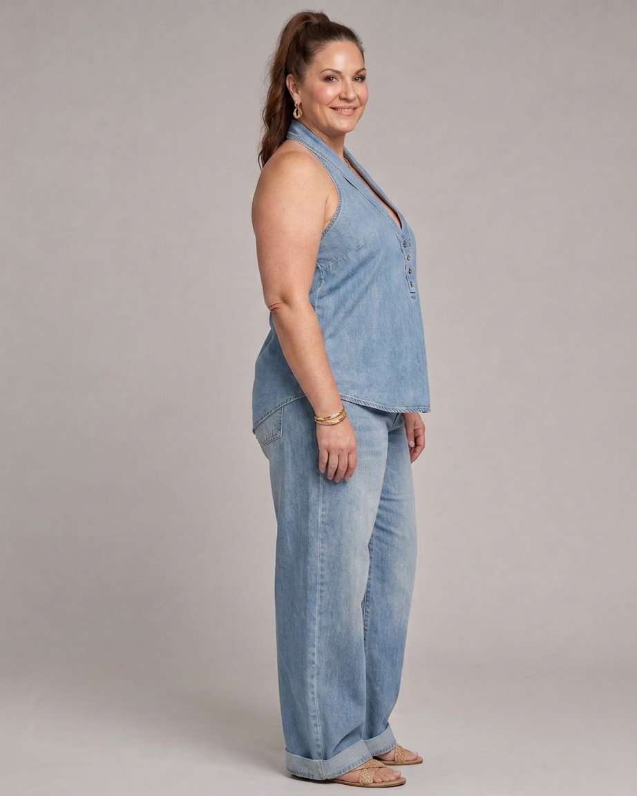 Gloria | Denim V-Neck Two-Piece Set