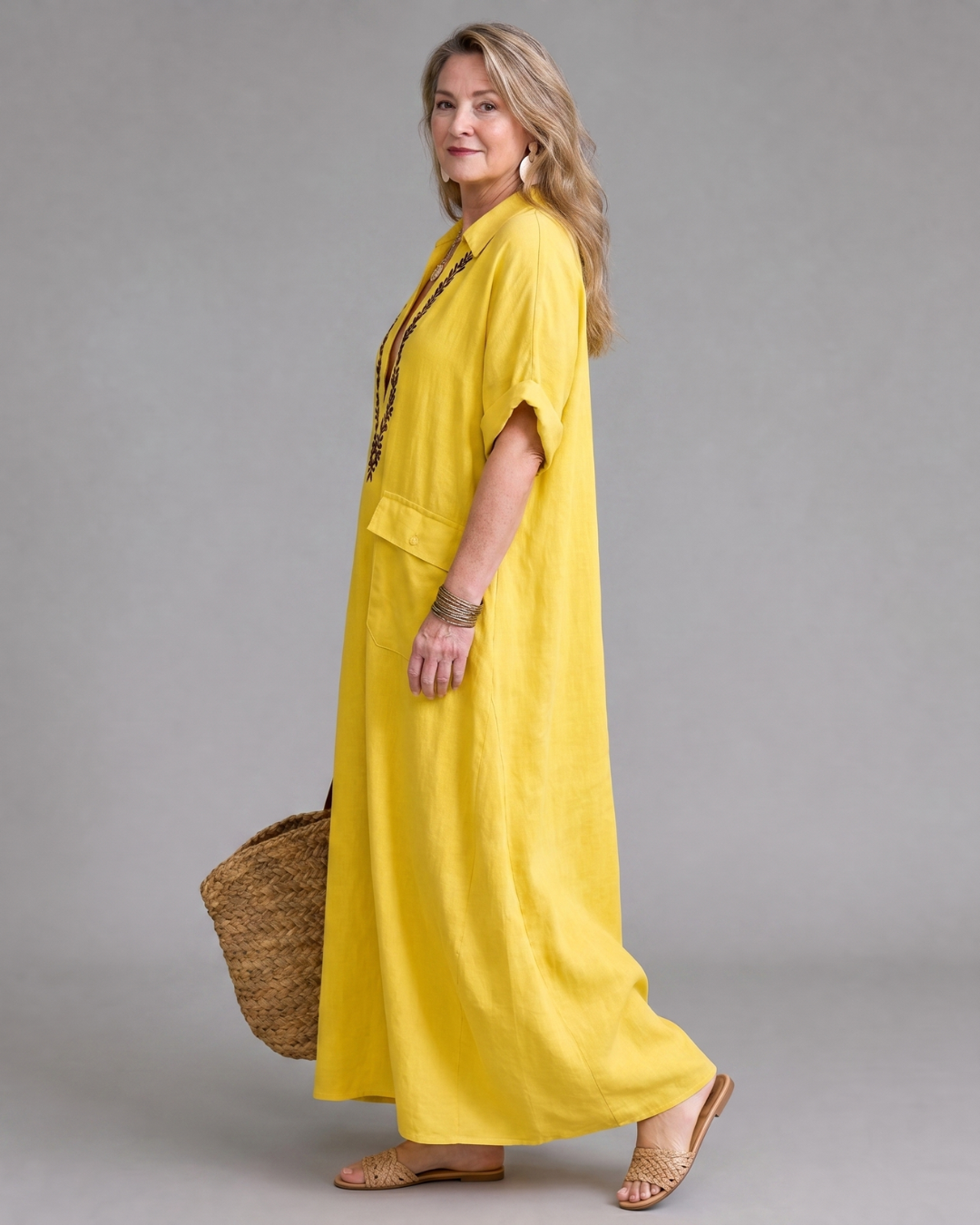 Katherine | Linen Embroidered V-Neck Maxi Dress