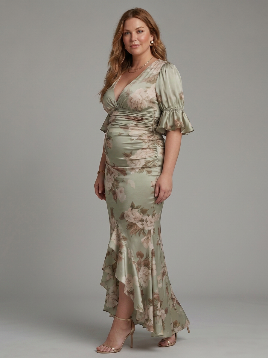 Everly | Satin Floral V-Neck High-Low Maxi Dress