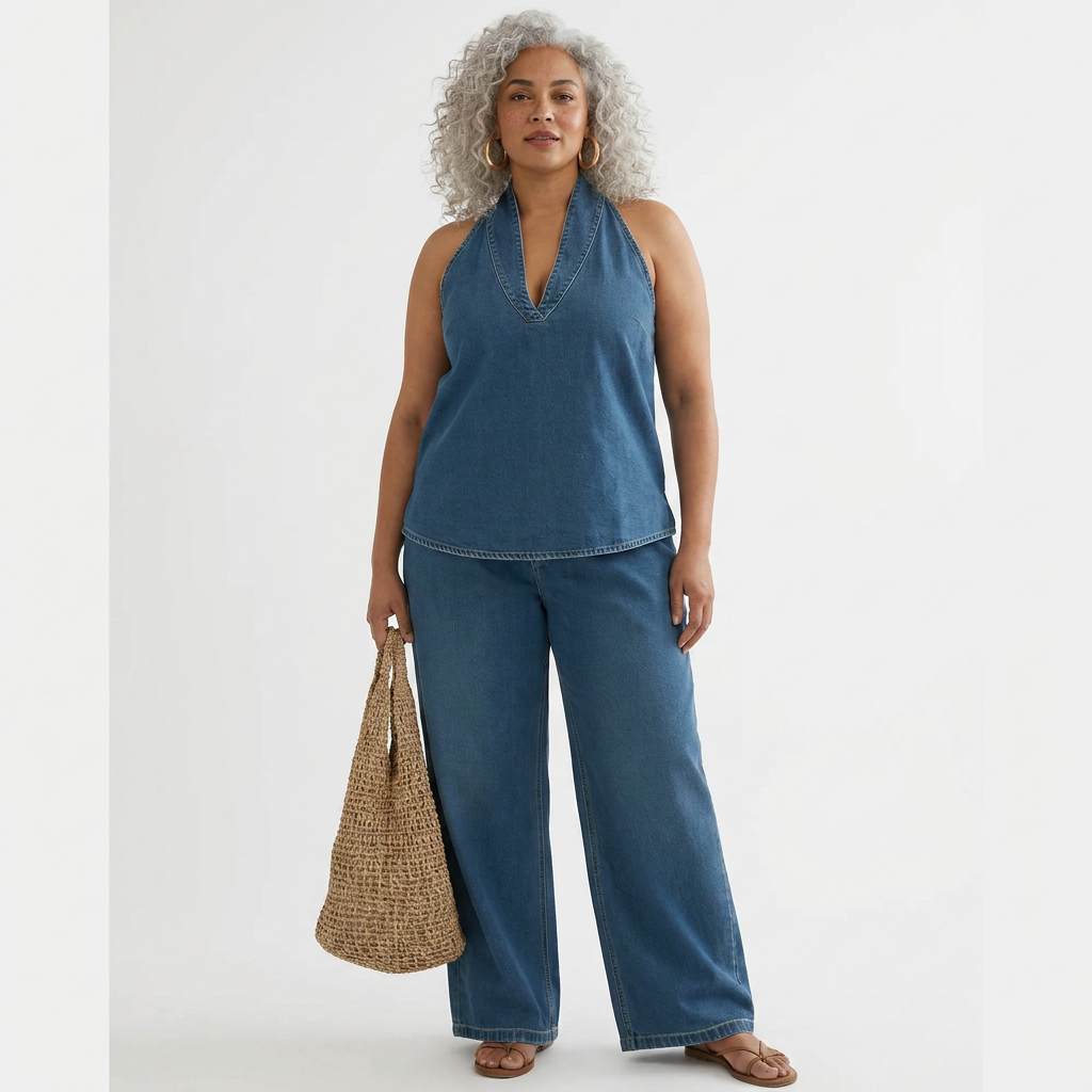 Makayla | Denim V-Neck Two-Piece Set