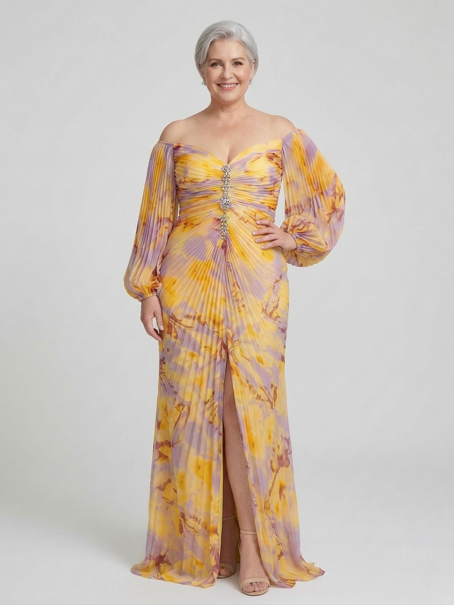 Nadia | Chiffon Abstract Off-Shoulder Maxi Dress
