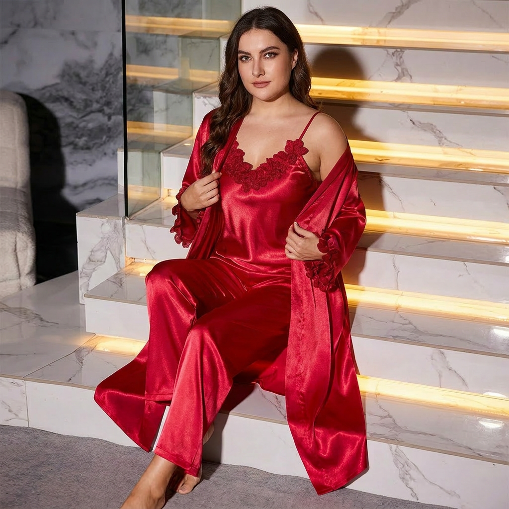 Kerry | Satin Sleeveless Three-Piece Sleepwear Set